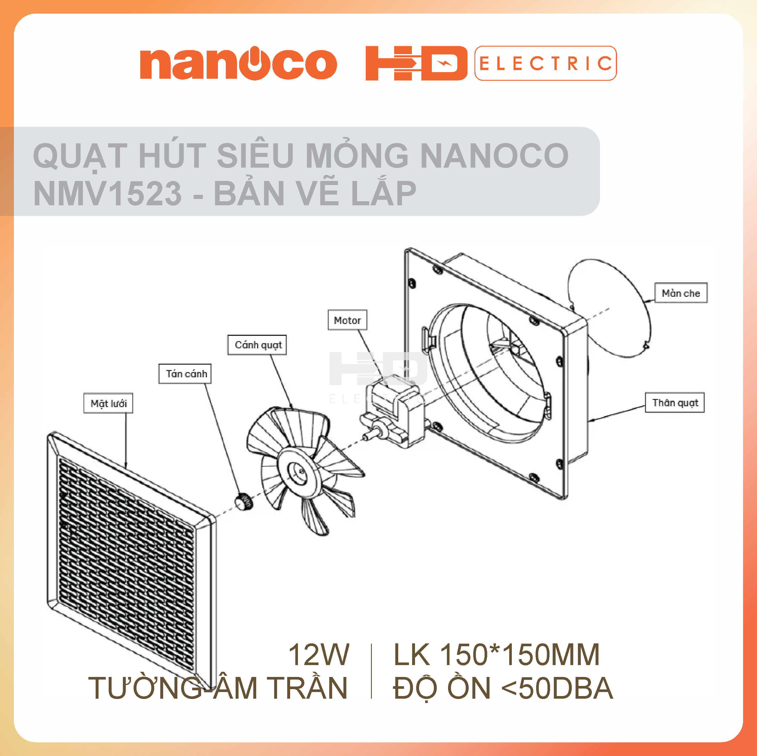 Quạt hút siêu mỏng Nanoco NMV2523 24W - Lỗ khoét 250x250mm